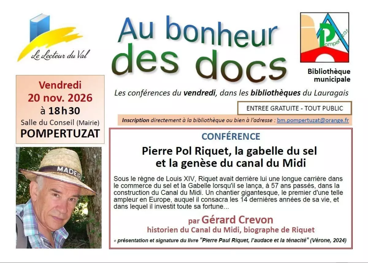 Conférence à Pompertuzat : "Pierre Paul Riquet, la Gabelle du Sel et la Genèse du Canal du Midi", Par Gérard Crevon