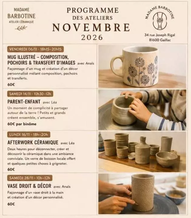 Programme des ateliers de céramique – Novembre