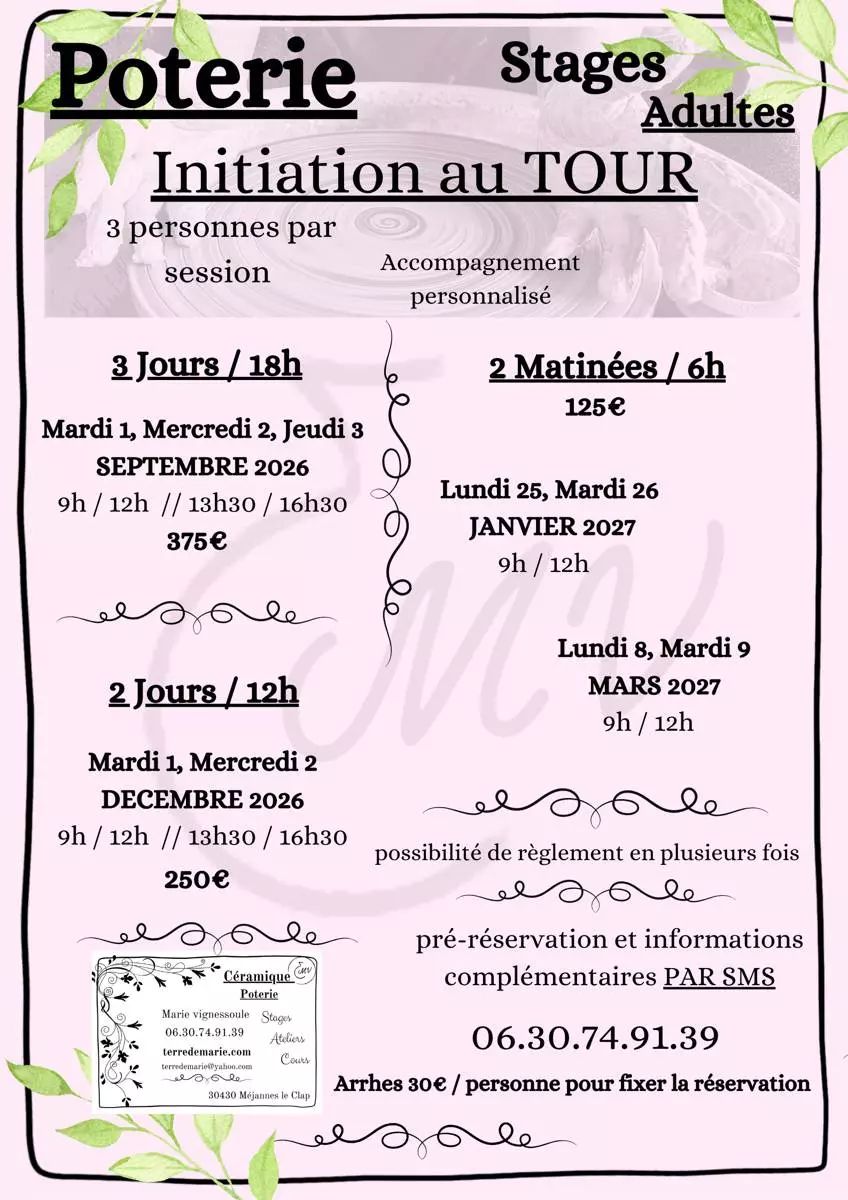 Poterie Stages Adultes Initiation au tour